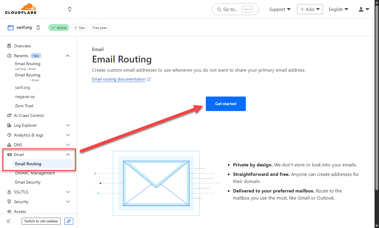 Start setup of email routing